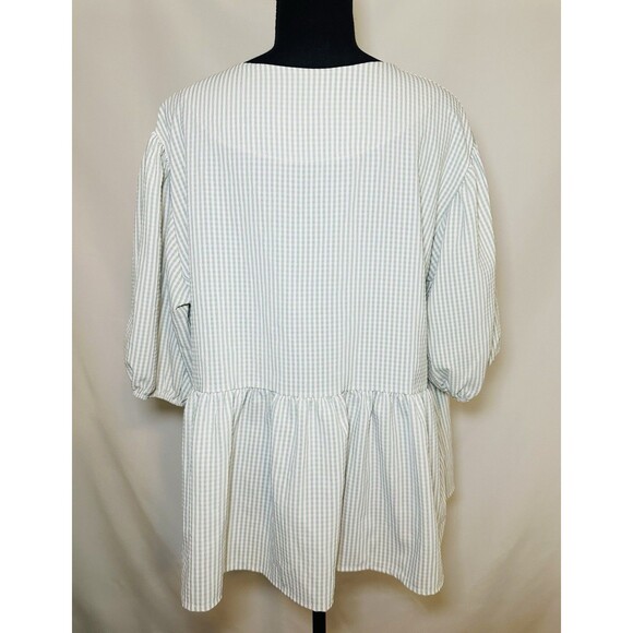 Carole Christian Seer Sucker Bow Front Puff Sleeve Green Boho Blouse Oversized S - Picture 3 of 11